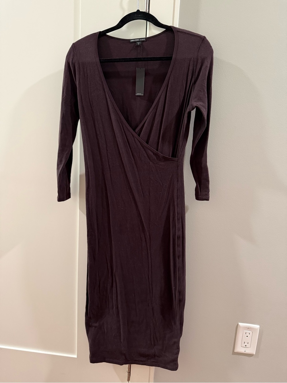 James Perse brushed jersey wrap front bodycon midi dress M in Fig